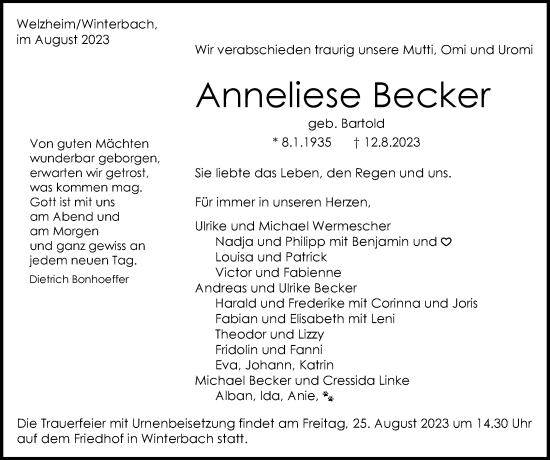 Traueranzeige von Anneliese Becker von Waiblinger Kreiszeitung