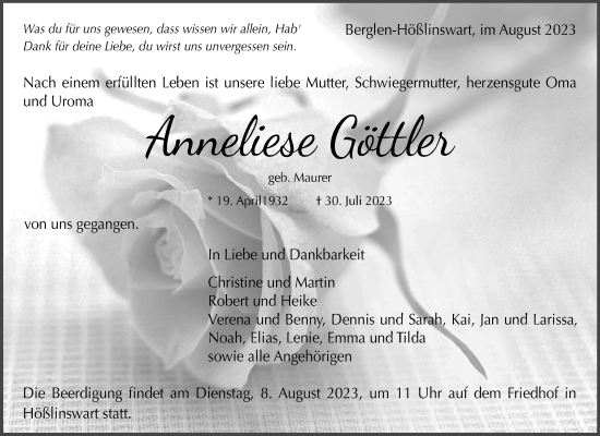 Traueranzeige von Anneliese Göttler von Waiblinger Kreiszeitung