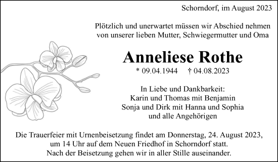 Traueranzeige von Anneliese Rothe von Waiblinger Kreiszeitung