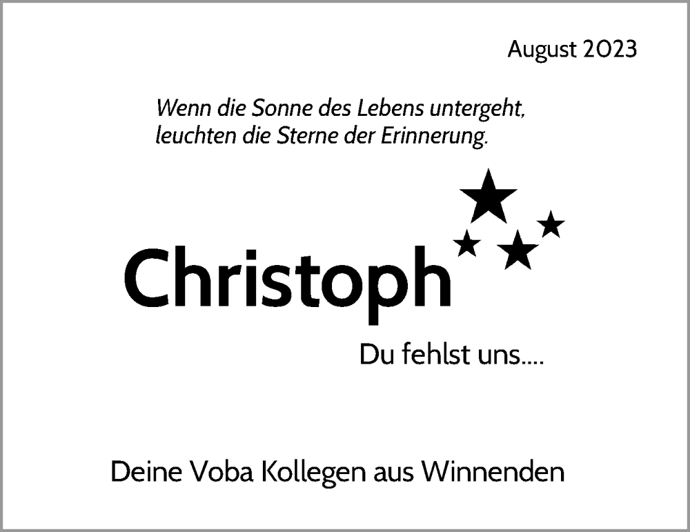  Traueranzeige für Christoph Strobel vom 10.08.2023 aus Waiblinger Kreiszeitung