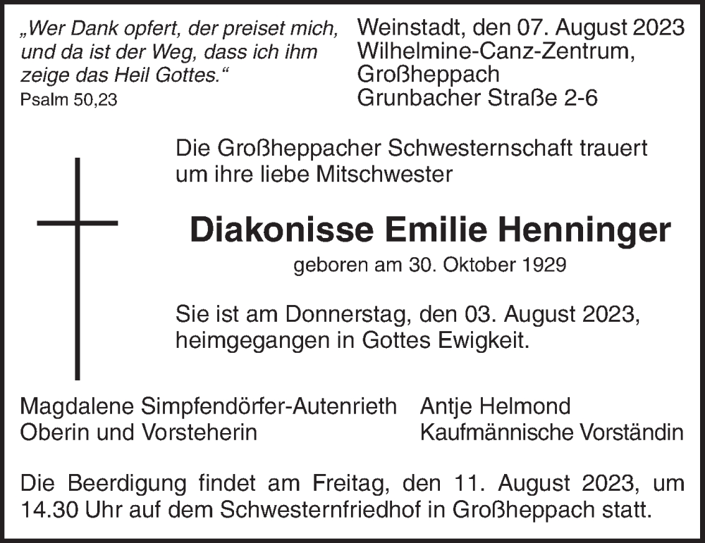  Traueranzeige für Emilie Henninger vom 09.08.2023 aus Waiblinger Kreiszeitung