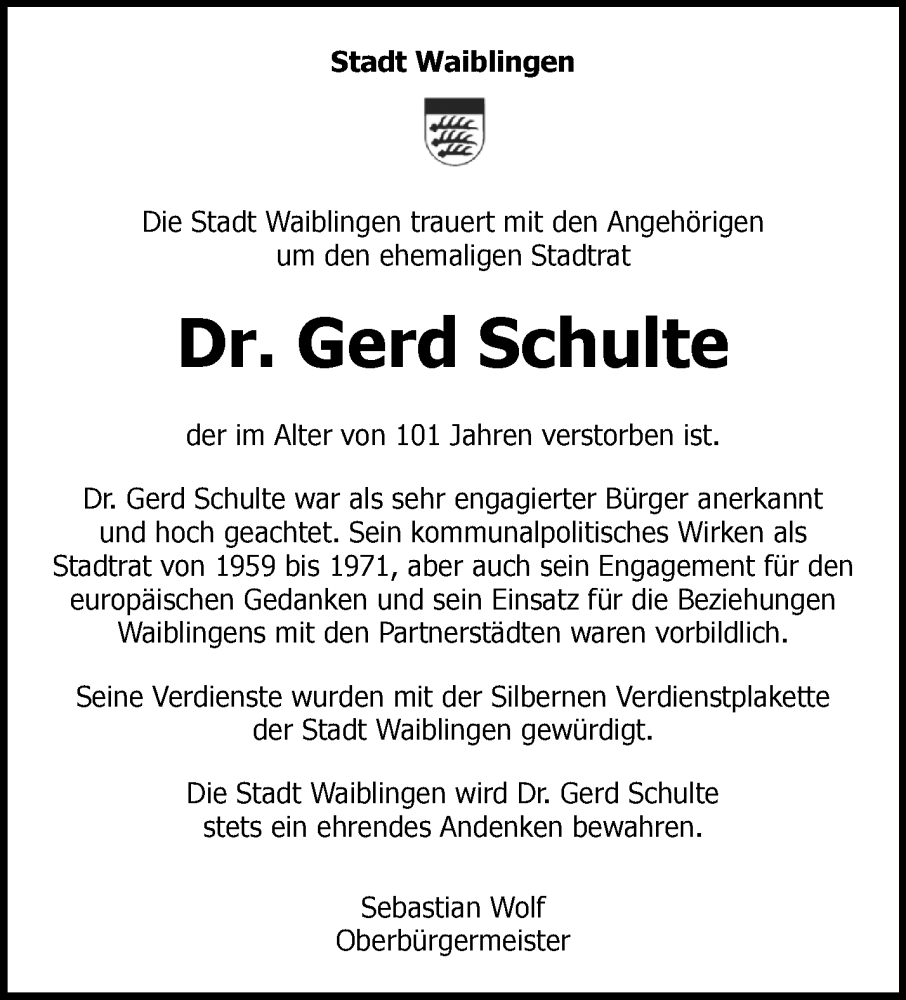  Traueranzeige für Gerd Schulte vom 26.08.2023 aus Waiblinger Kreiszeitung