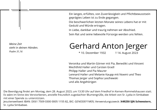 Traueranzeige von Gerhard Anton Jerger von Waiblinger Kreiszeitung