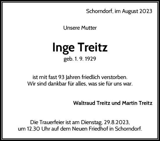 Traueranzeige von Inge Treitz von Waiblinger Kreiszeitung