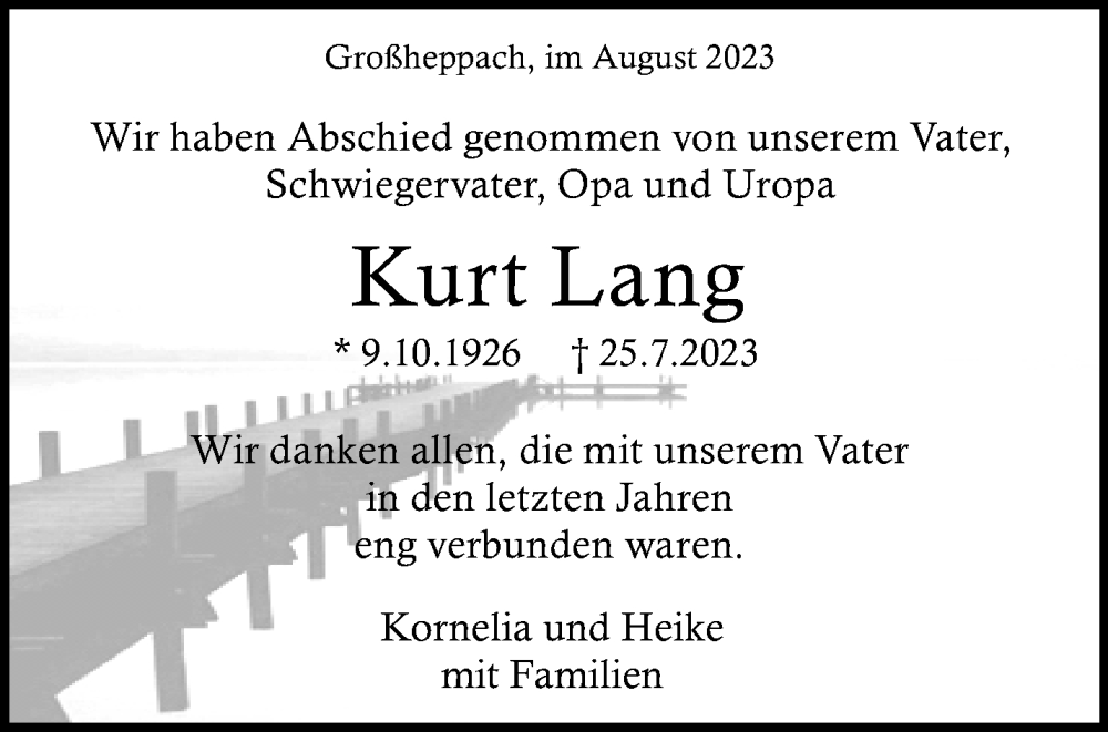  Traueranzeige für Kurt Lang vom 10.08.2023 aus Waiblinger Kreiszeitung