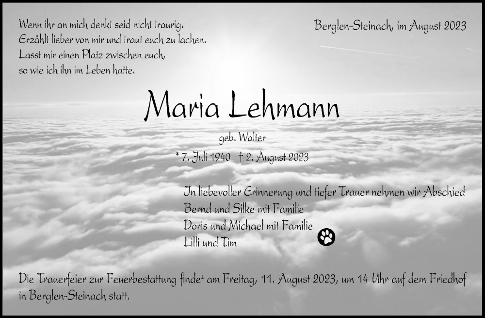  Traueranzeige für Maria Lehmann vom 08.08.2023 aus Waiblinger Kreiszeitung