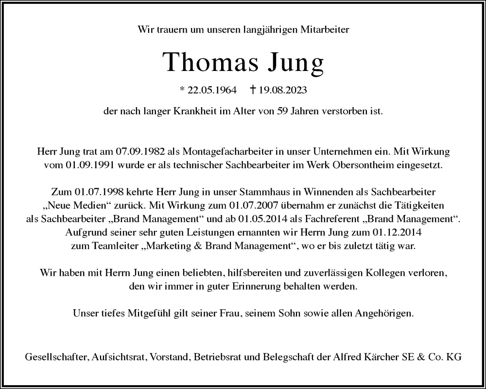  Traueranzeige für Thomas Jung vom 26.08.2023 aus Waiblinger Kreiszeitung