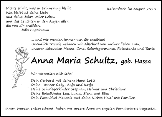 Traueranzeige von Anna Maria Schultz von Waiblinger Kreiszeitung