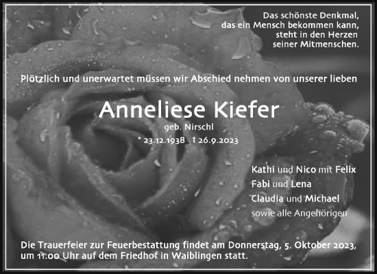 Traueranzeige von Anneliese Kiefer von Waiblinger Kreiszeitung