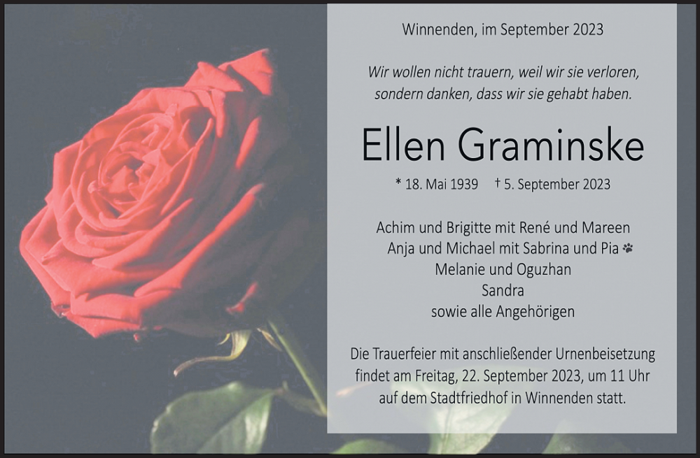  Traueranzeige für Ellen Graminske vom 13.09.2023 aus Waiblinger Kreiszeitung
