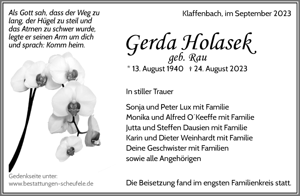  Traueranzeige für Gerda Holasek vom 05.09.2023 aus Waiblinger Kreiszeitung