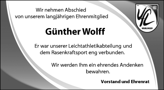 Traueranzeige von Günther Wolff von Waiblinger Kreiszeitung