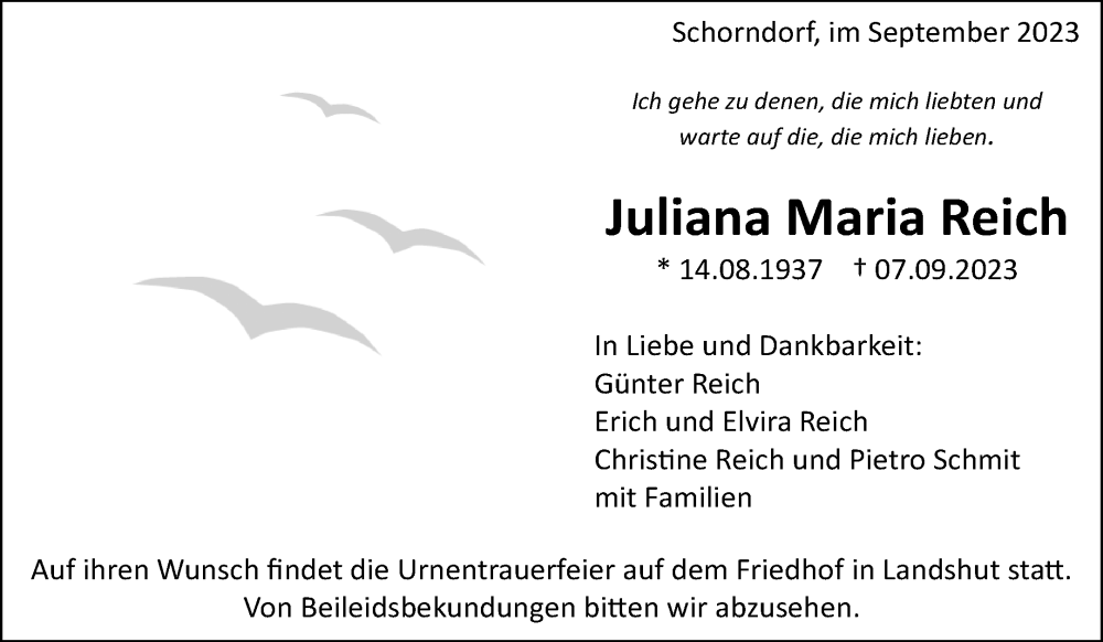  Traueranzeige für Juliana Maria Reich vom 14.09.2023 aus Waiblinger Kreiszeitung