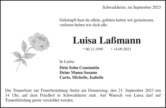 Traueranzeige von Luisa Laßmann von Waiblinger Kreiszeitung