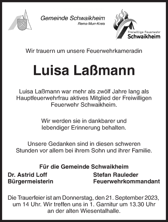 Traueranzeige von Luisa Laßmann von Waiblinger Kreiszeitung
