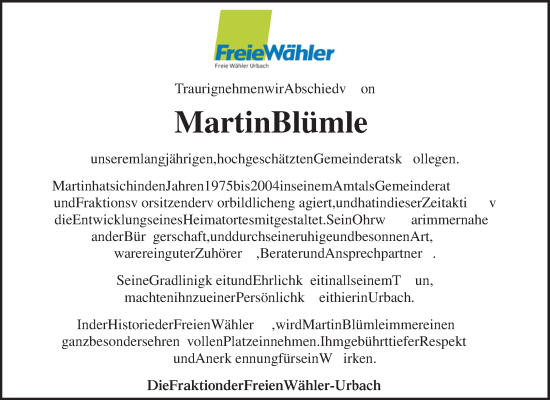 Traueranzeige von Martin Blümle von Waiblinger Kreiszeitung