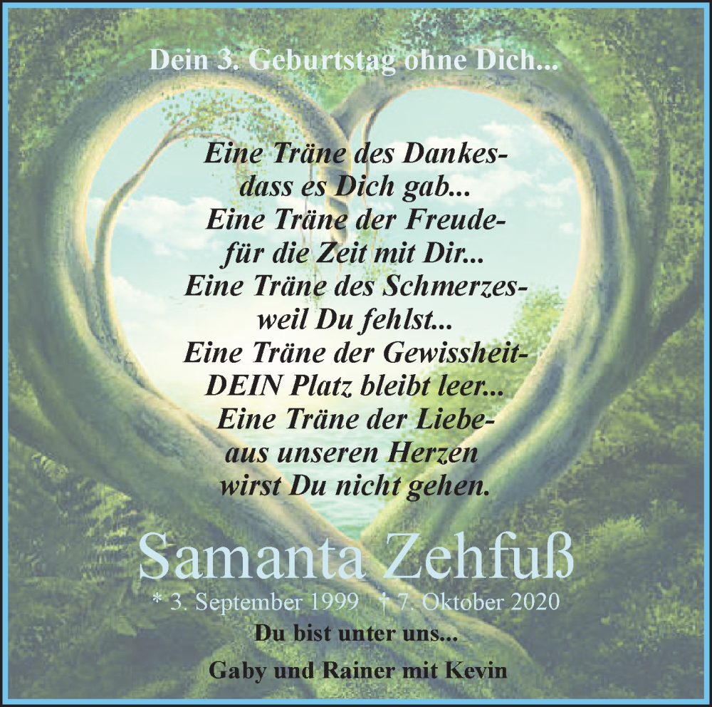  Traueranzeige für Samanta Zehfuß vom 02.09.2023 aus Waiblinger Kreiszeitung
