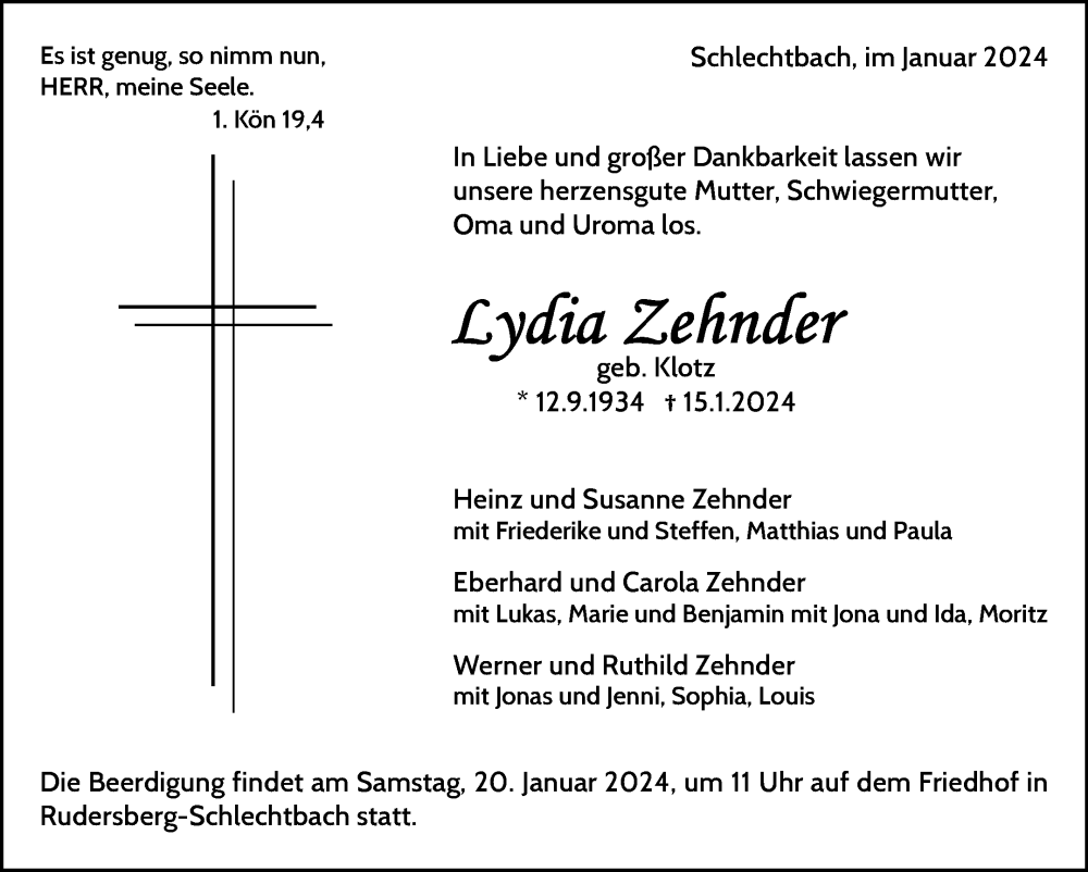  Traueranzeige für Lydia Zehnder vom 17.01.2024 aus Waiblinger Kreiszeitung