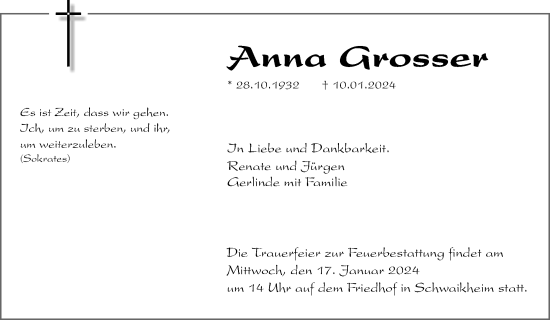 Traueranzeige von Anna Grosser von Waiblinger Kreiszeitung
