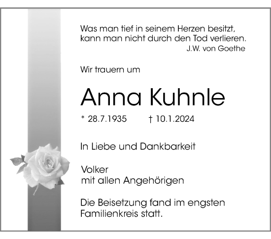 Traueranzeige von Anna Kuhnle von Waiblinger Kreiszeitung