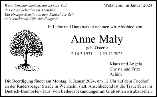 Traueranzeige von Anne Maly von Waiblinger Kreiszeitung