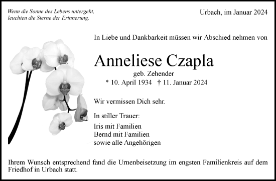 Traueranzeige von Anneliese Czapla von Waiblinger Kreiszeitung