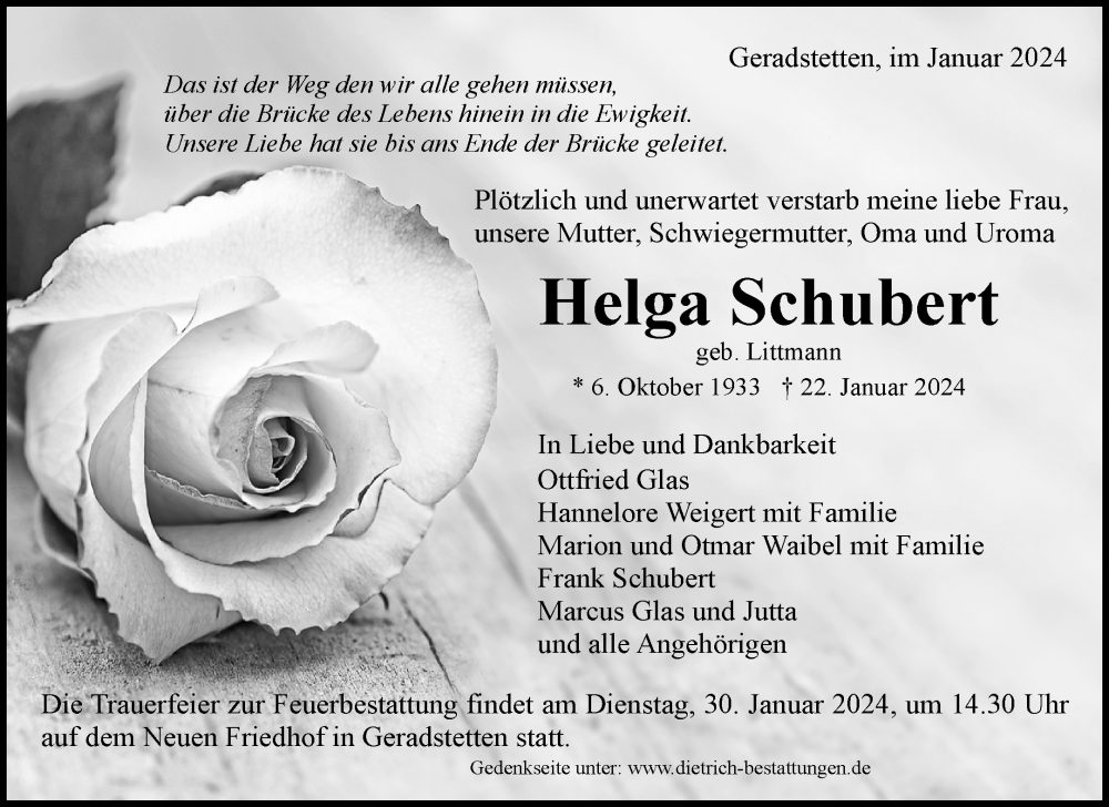  Traueranzeige für Helga Schubert vom 26.01.2024 aus Waiblinger Kreiszeitung