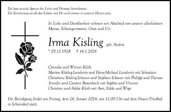 Traueranzeige von Irma Kisling von Waiblinger Kreiszeitung
