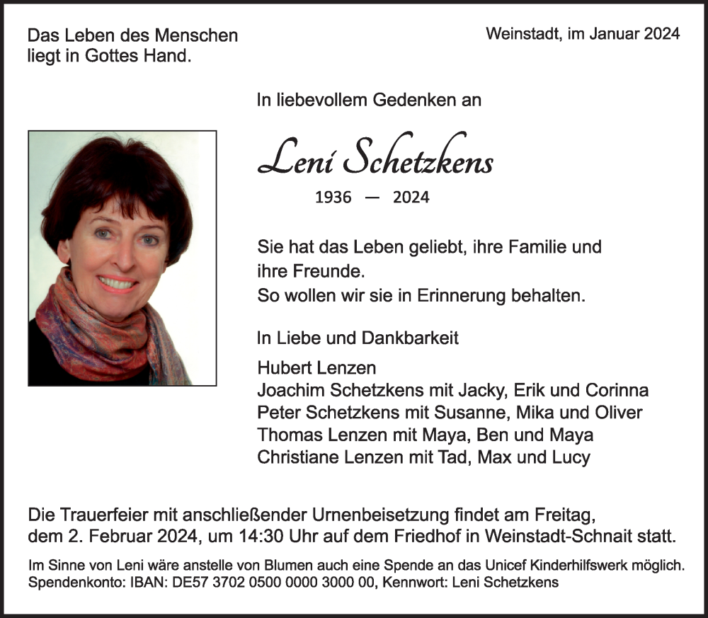  Traueranzeige für Leni Schetzkens vom 27.01.2024 aus Waiblinger Kreiszeitung