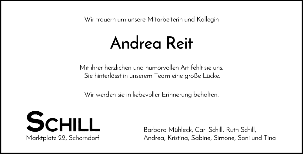  Traueranzeige für Andrea Reit vom 11.10.2024 aus Waiblinger Kreiszeitung