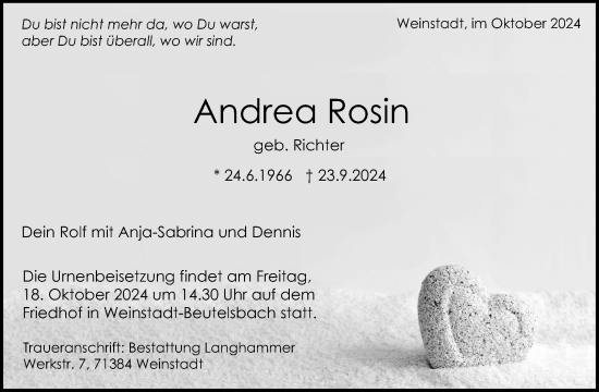 Traueranzeige von Andrea Rosin von Waiblinger Kreiszeitung