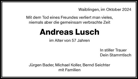 Traueranzeige von Andreas Lusch von Waiblinger Kreiszeitung
