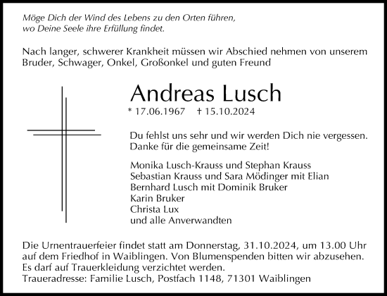 Traueranzeige von Andreas Lusch von Waiblinger Kreiszeitung