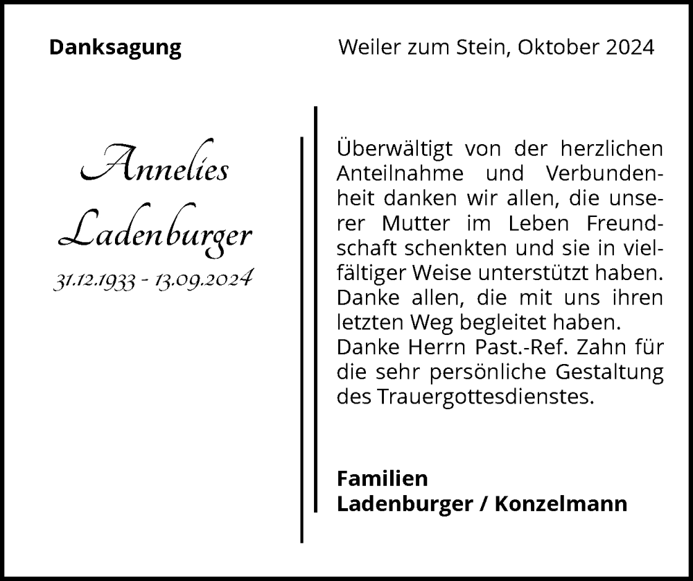  Traueranzeige für Annelies Ladenburger vom 11.10.2024 aus Waiblinger Kreiszeitung