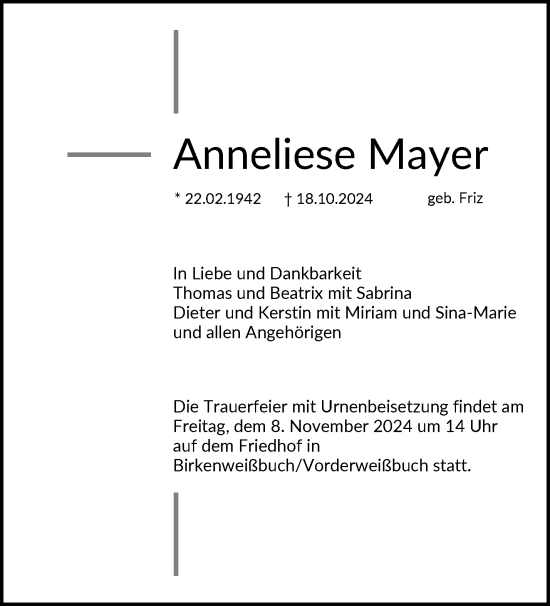 Traueranzeige von Anneliese Mayer von Waiblinger Kreiszeitung