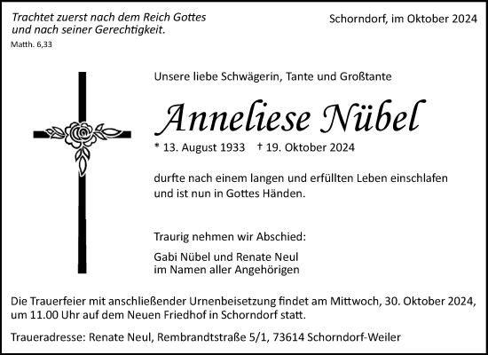 Traueranzeige von Anneliese Nübel von Waiblinger Kreiszeitung