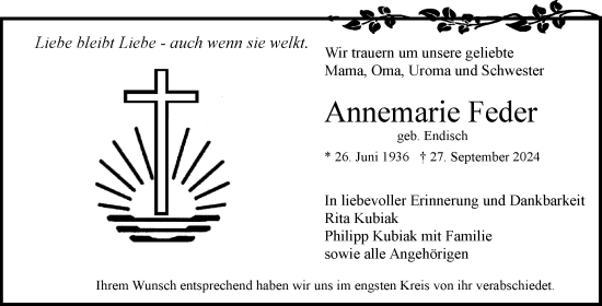 Traueranzeige von Annemarie Feder von Waiblinger Kreiszeitung