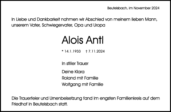 Traueranzeige von Alois Antl von Waiblinger Kreiszeitung