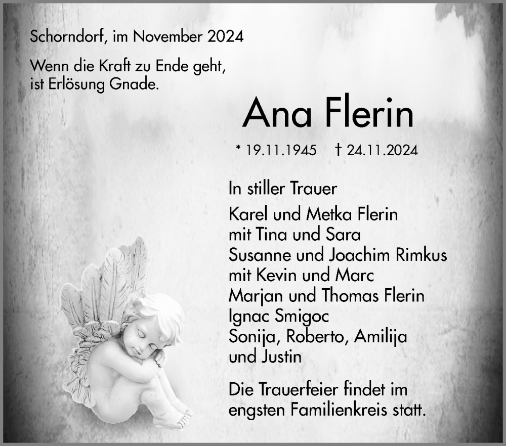  Traueranzeige für Ana Flerin vom 30.11.2024 aus Waiblinger Kreiszeitung