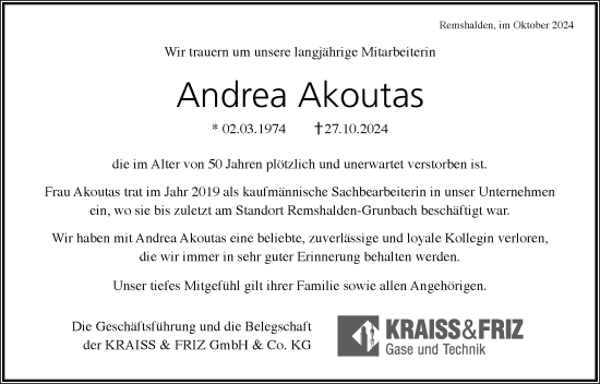 Traueranzeige von Andrea Akoutas von Waiblinger Kreiszeitung