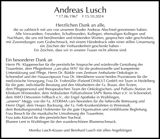 Traueranzeige von Andreas Lusch von Waiblinger Kreiszeitung