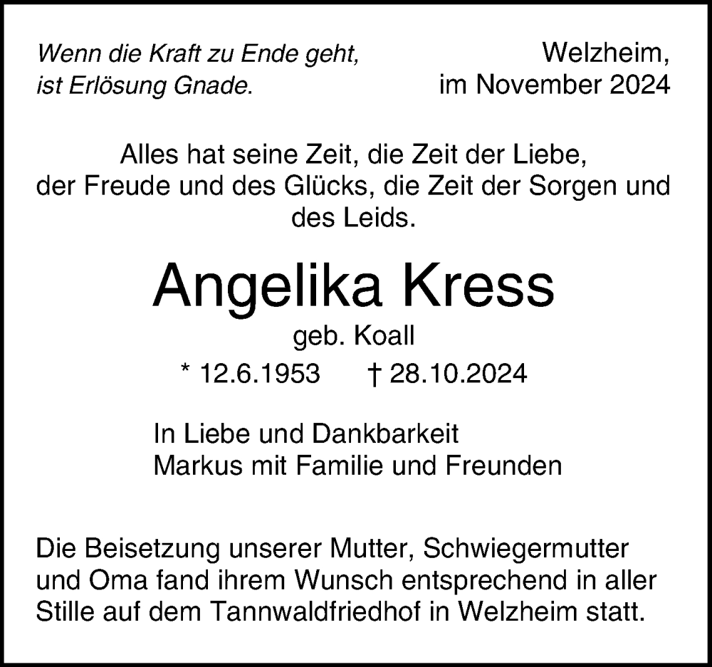  Traueranzeige für Angelika Kress vom 16.11.2024 aus Waiblinger Kreiszeitung