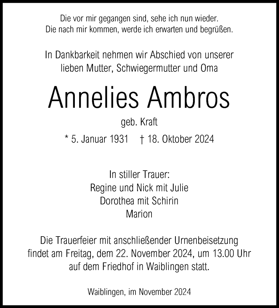  Traueranzeige für Annelies Ambros vom 16.11.2024 aus Waiblinger Kreiszeitung