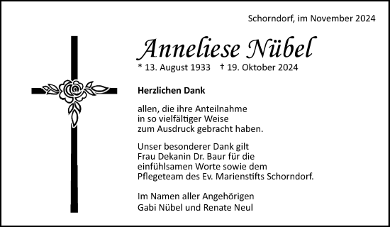 Traueranzeige von Anneliese Nübel von Waiblinger Kreiszeitung