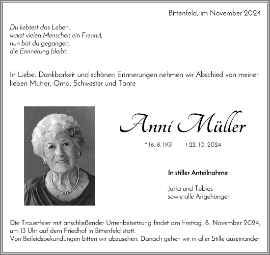 Traueranzeige von Anni Müller von Waiblinger Kreiszeitung