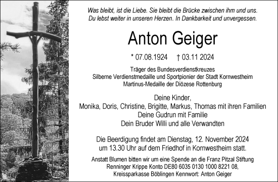 Traueranzeige von Anton Geiger von Waiblinger Kreiszeitung