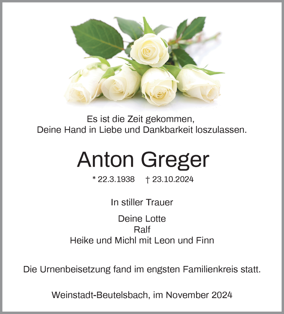  Traueranzeige für Anton Greger vom 09.11.2024 aus Waiblinger Kreiszeitung
