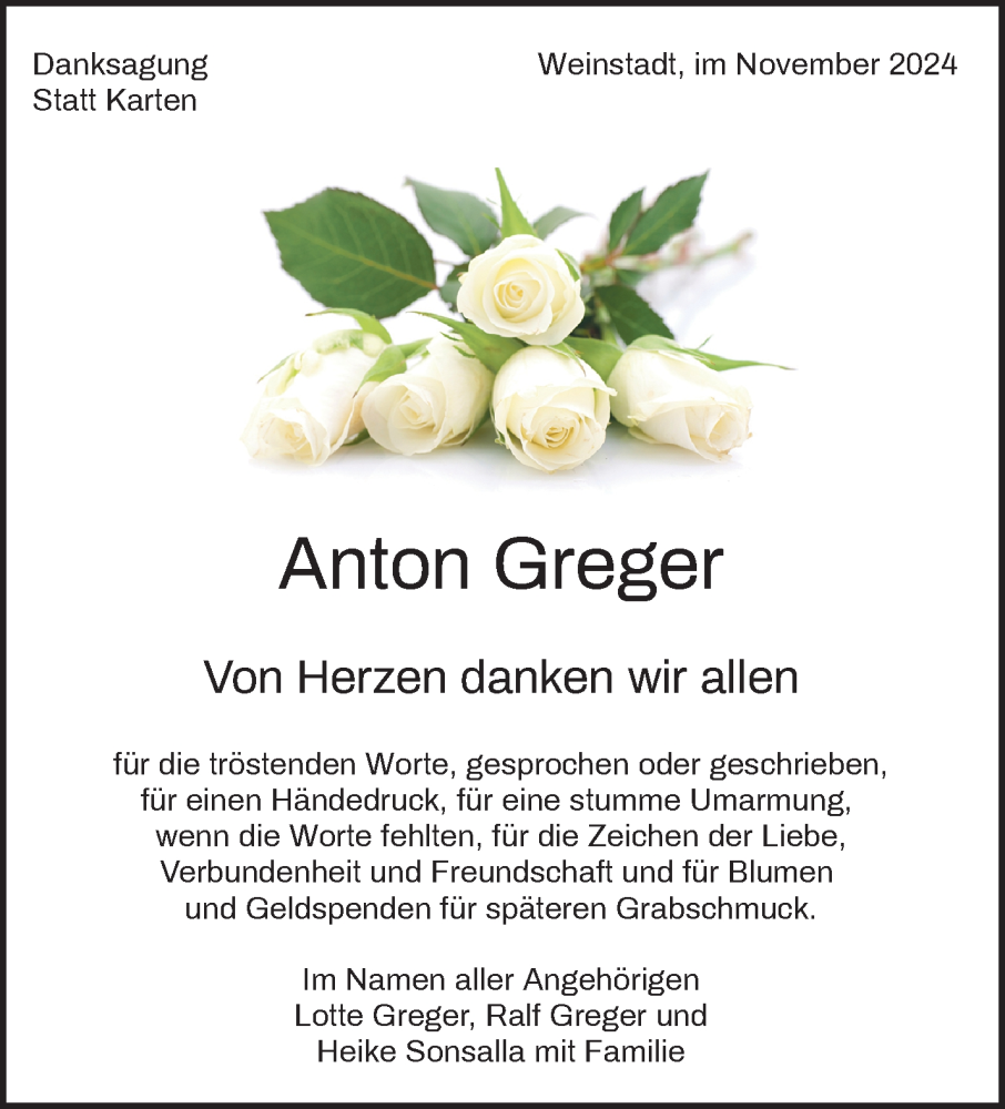  Traueranzeige für Anton Greger vom 16.11.2024 aus Waiblinger Kreiszeitung