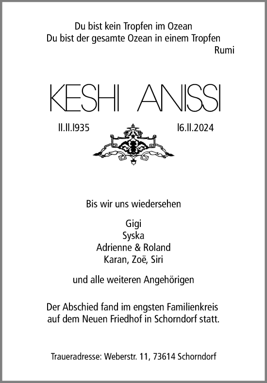 Traueranzeige von Keshi Anissi von Waiblinger Kreiszeitung