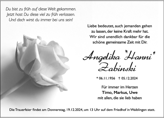 Traueranzeige von Angelika Zabinski von Waiblinger Kreiszeitung
